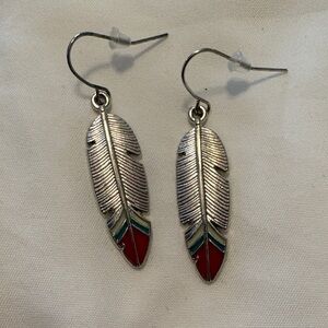 Silver Feather Earrings with Red Accents